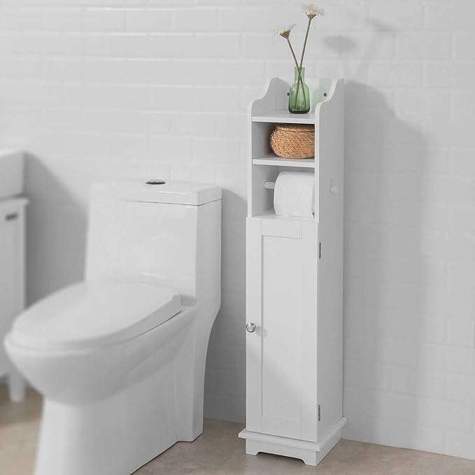 White Free Standing Wooden Bathroom Toilet Paper Roll Holder Storage Cabinet Holder Organizer Bath Toilet