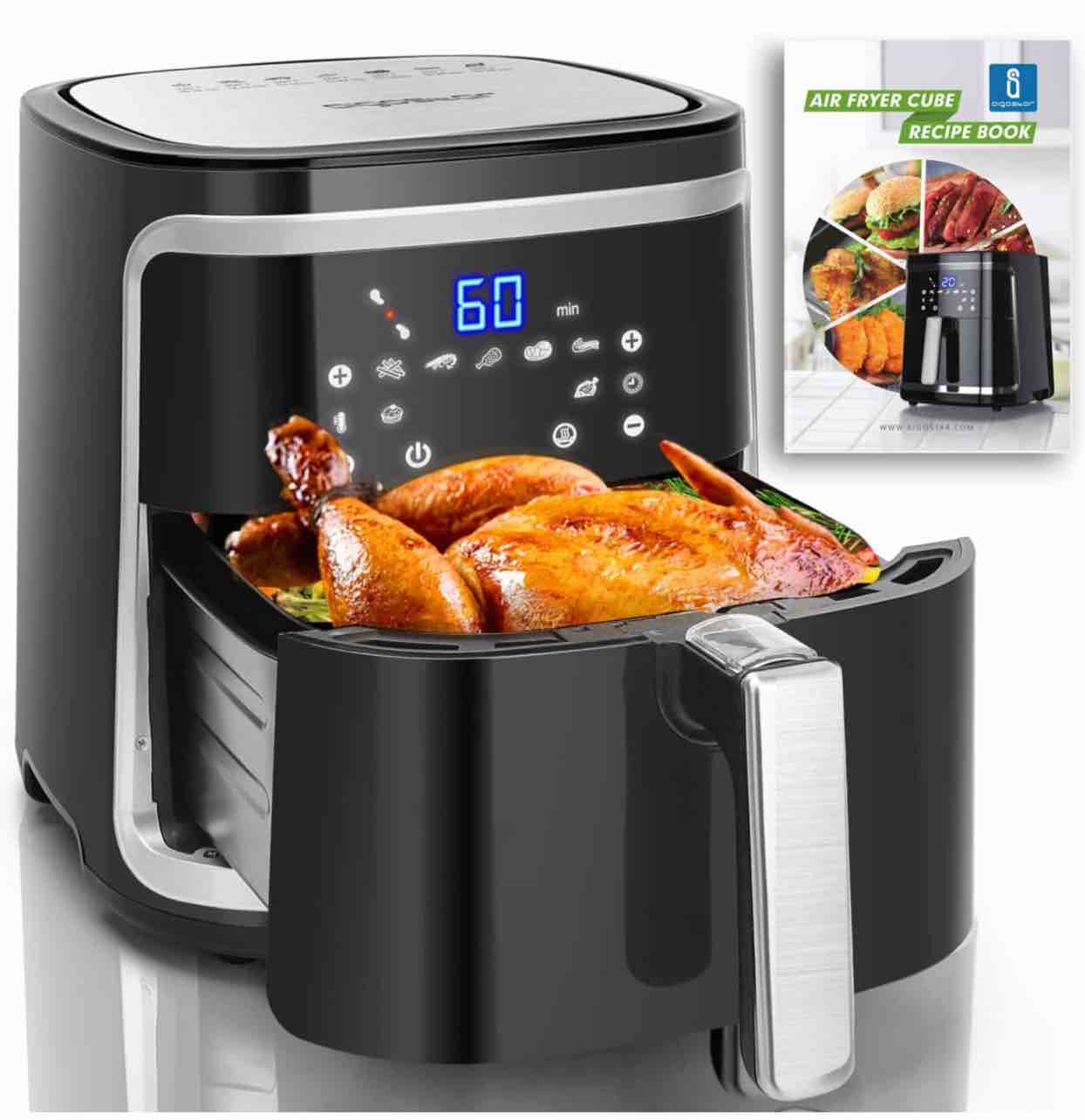 Aigostar 7.4 QT Air Fryer(Recipes), 9 in 1 Aigostar Air Fryer Oilless Oven with 8 Presets + Manual Mode, LED Touchscreen, Removable Nonstick Basket & Drawer Dishwasher Safe Square Design Basket