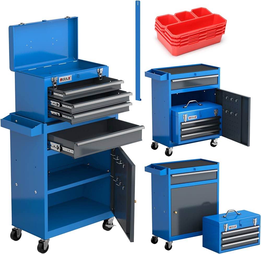 AIRAJ PRO Rolling Tool Chest Cabinet,4-Drawers High Capacity Tool Storage Cabinet with Wheels and Locking System,Removable Toolbox Organizer for Garage Warehouse, Blue