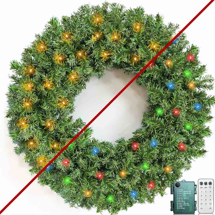 [Dual Color Switch & Remote Control & Timer] 30 Inch 80LED Super Large Thick Prelit Christmas Wreath for Front Door Warm White & Multicolor Change Lights 12 Mode 320 Branches Artificial Wreath Outdoor