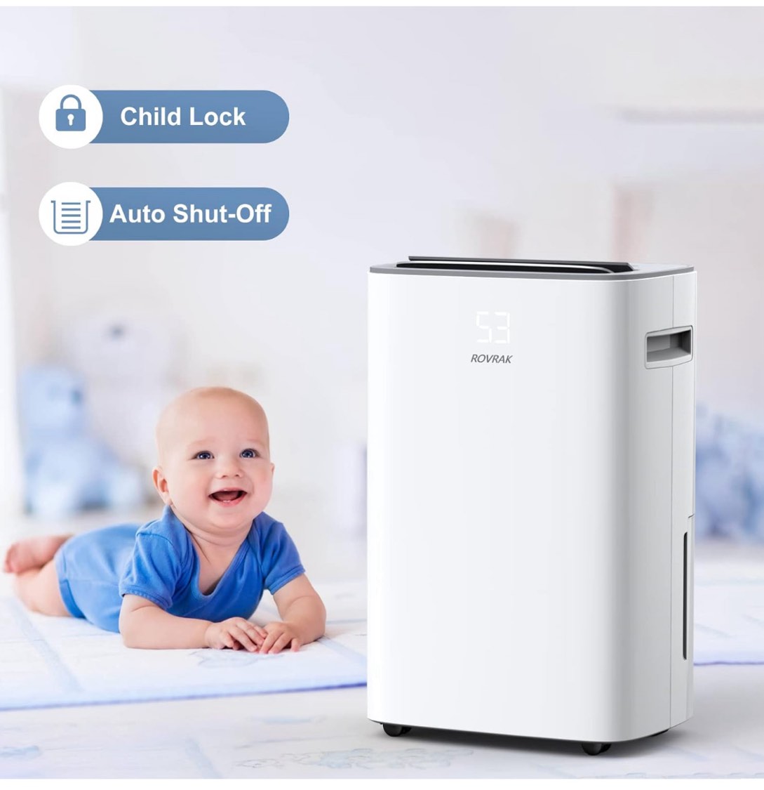 ROVRAK 35 Pint 3500 Sq. Ft. Dehumidifier 3 Modes Adjustable Household Dehumidifier, with Auto or Manual Drainage and 0.66 Gallon Water Tank Capacity for Living Room Wardrobe Garage