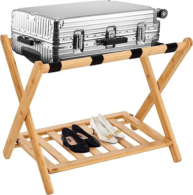 Smart FENDEE Fully Assembled Bamboo Luggage Rack for Guest Room, 2-Tier Wide Suitcase Stand, Wooden Folding Luggage stand for Hotel, Luggage Holders for Suitcases for Bedroom with Nylon Straps?Natural Color?