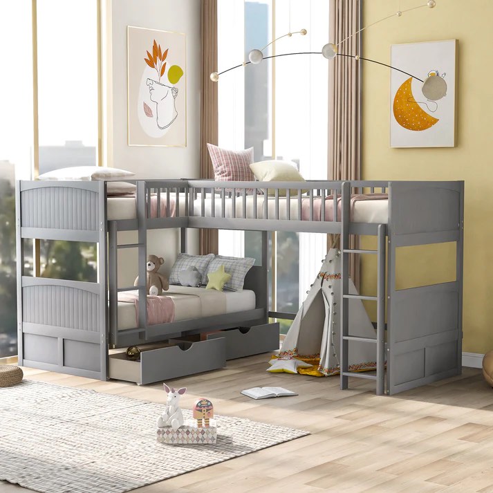 ( incomplete box 1/3)Twin Size Bunk Bed with a Loft Bed attached, with Two Drawers, Soft Gray