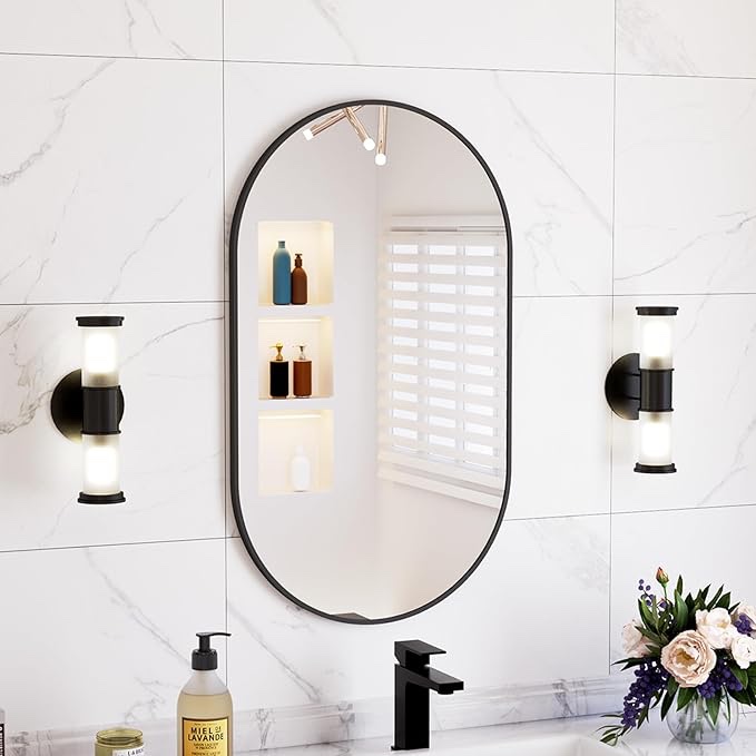 BEAUTYPEAK Wall Mounted Mirror, 17"x30" Oval Bathroom Mirror, Black Vanity Wall Mirror w/Metal Frame for Vertical & Horizontal Hang, Ideal for Bedroom, Entryway, Living Room