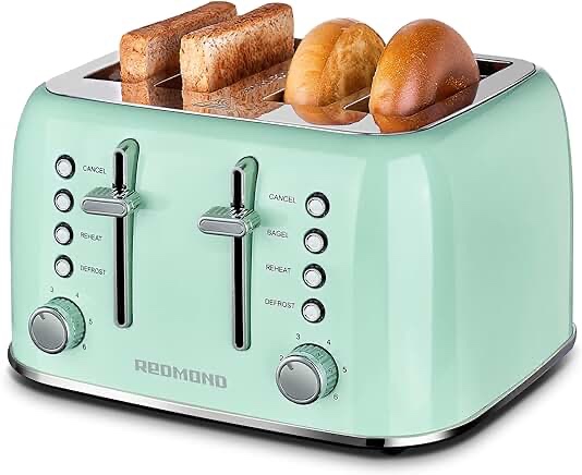 REDMOND Toaster 4 Slice, Retro Stainless Steel Toaster with Extra Wide Slots Bagel, Defrost, Reheat Function, Dual Independent Control Panel, Removable Crumb Tray, 6 Shade Settings and High Lift Lever, Aqua Green