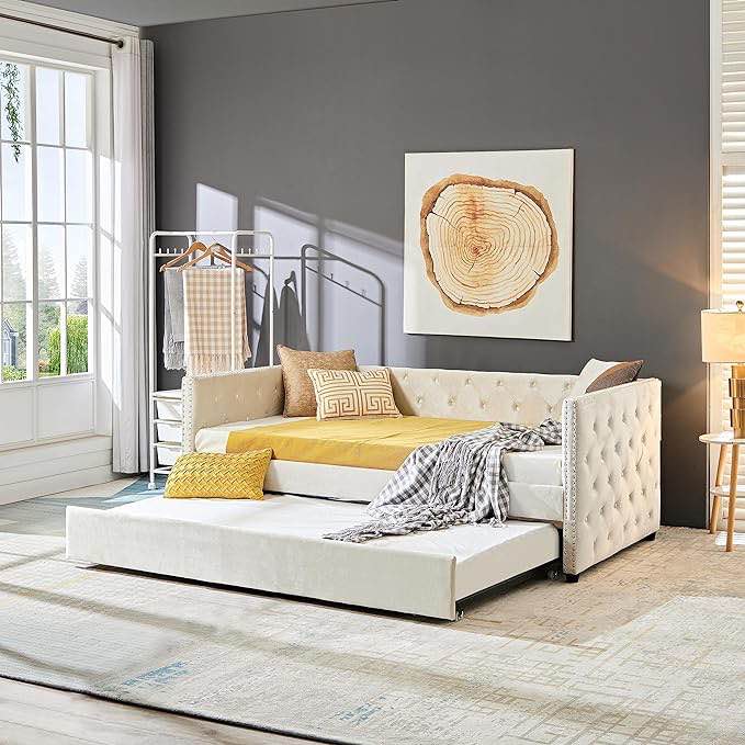 Tidyard Daybed with Trundle, Velvet Upholstered Twin Size Day Bed Button-Tufted Sofa Daybed Frame with A Trundle, No Box Spring Needed Beige for Bedroom Dorm Guest Room Home Furniture- incomplete one box of two only 