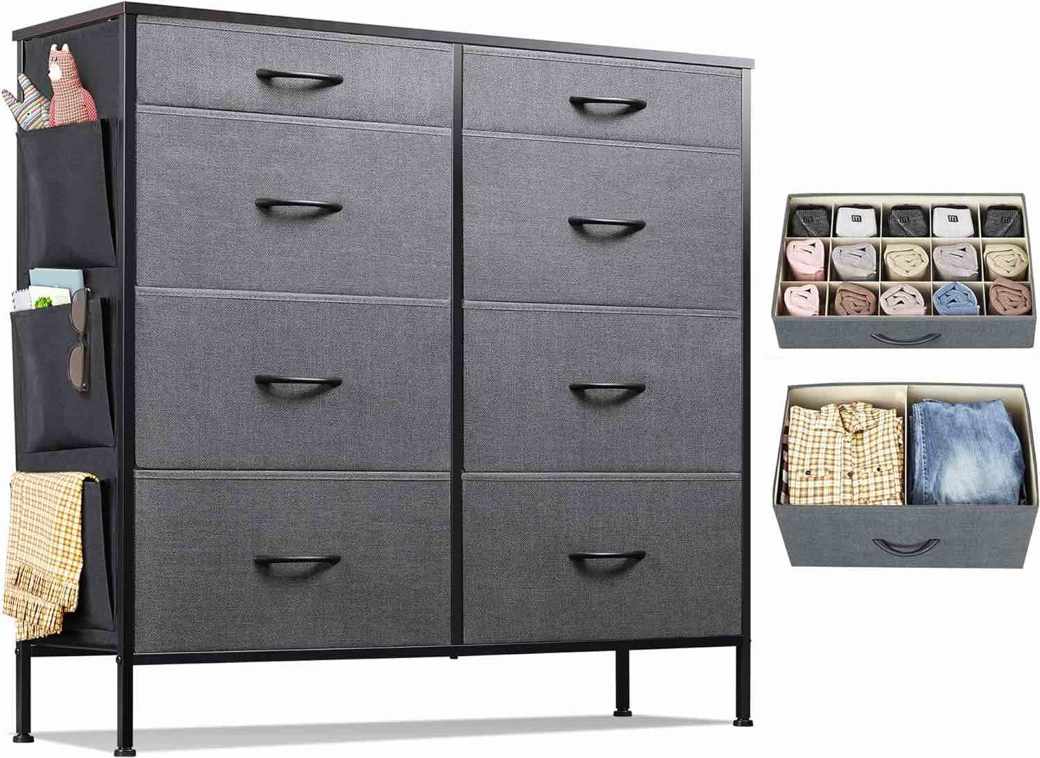 WLIVE Dresser for Bedroom with 8 Drawers, Tall Storage Tower with Drawer Organizers, Side Pockets and Hooks, Fabric Dresser, Chest of Drawers for Living Room, Closet, Hallway, Nursery, Dark Grey