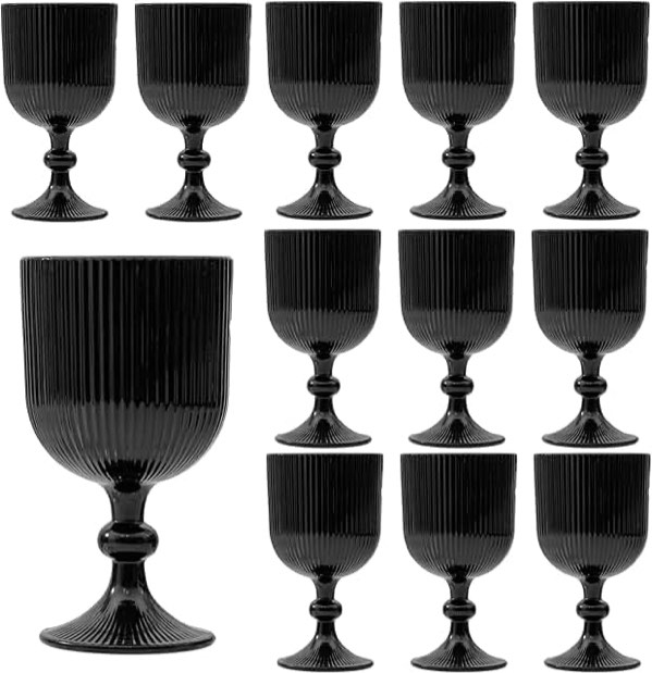 12 Pcs Black Vintage Wine Glasses, 11 Ounces Colored Glass Water Goblets, Unique Embossed Pattern Hi