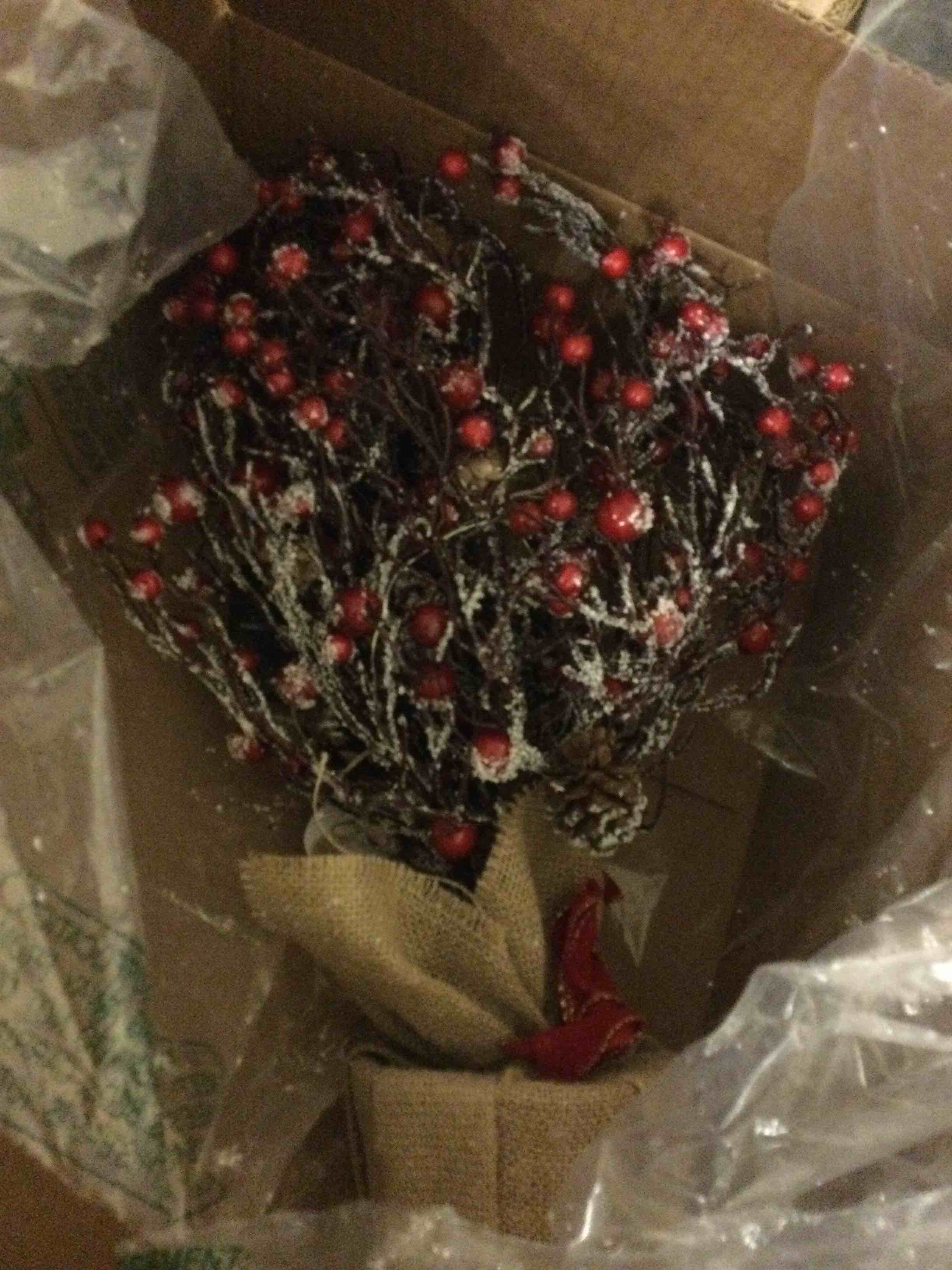 Condition photo showing New/Like New for Lighted Red Berries Tree Table Decoration Christmas Tree with Snow Flocked Berries Pinecones, Silk Bow, 15 Warm White LED Lights Tabletop Centerpiece for Christmas Decorations Holiday Party