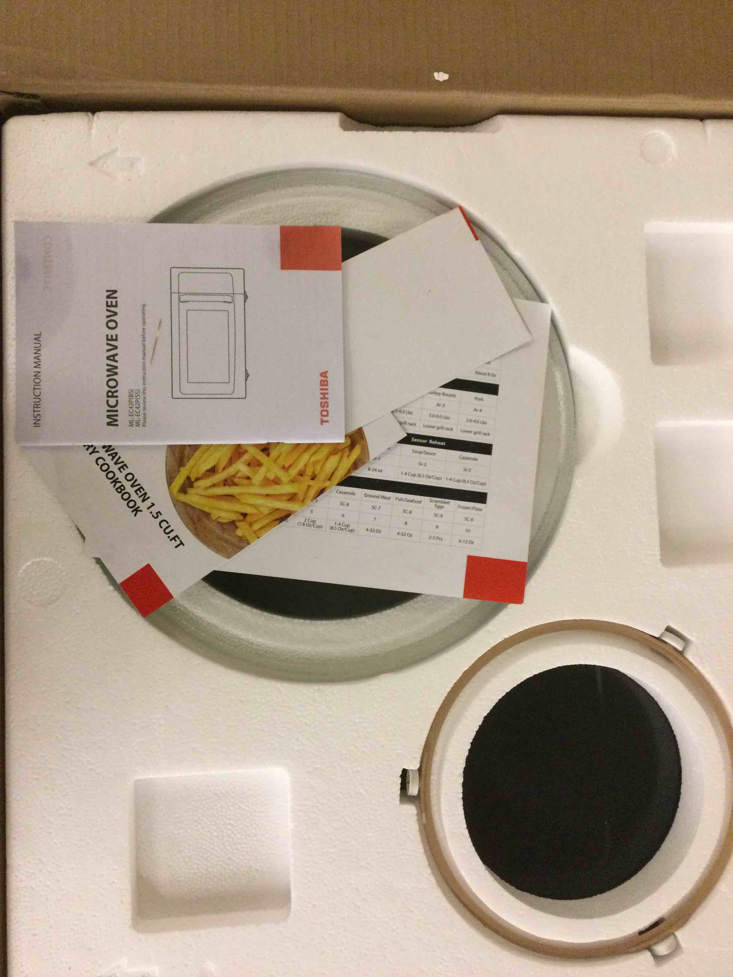 Condition photo showing Good Condition for Toshiba Air Fryer Combo 4-in-1 Countertop Microwave Oven, Smart Sensor, Convection, Mute Function, Position Memory 13.6" Turntable, 1.5 Cu Ft, 1000W, Black, ML-EC42P(BS) Black Stainless Steel