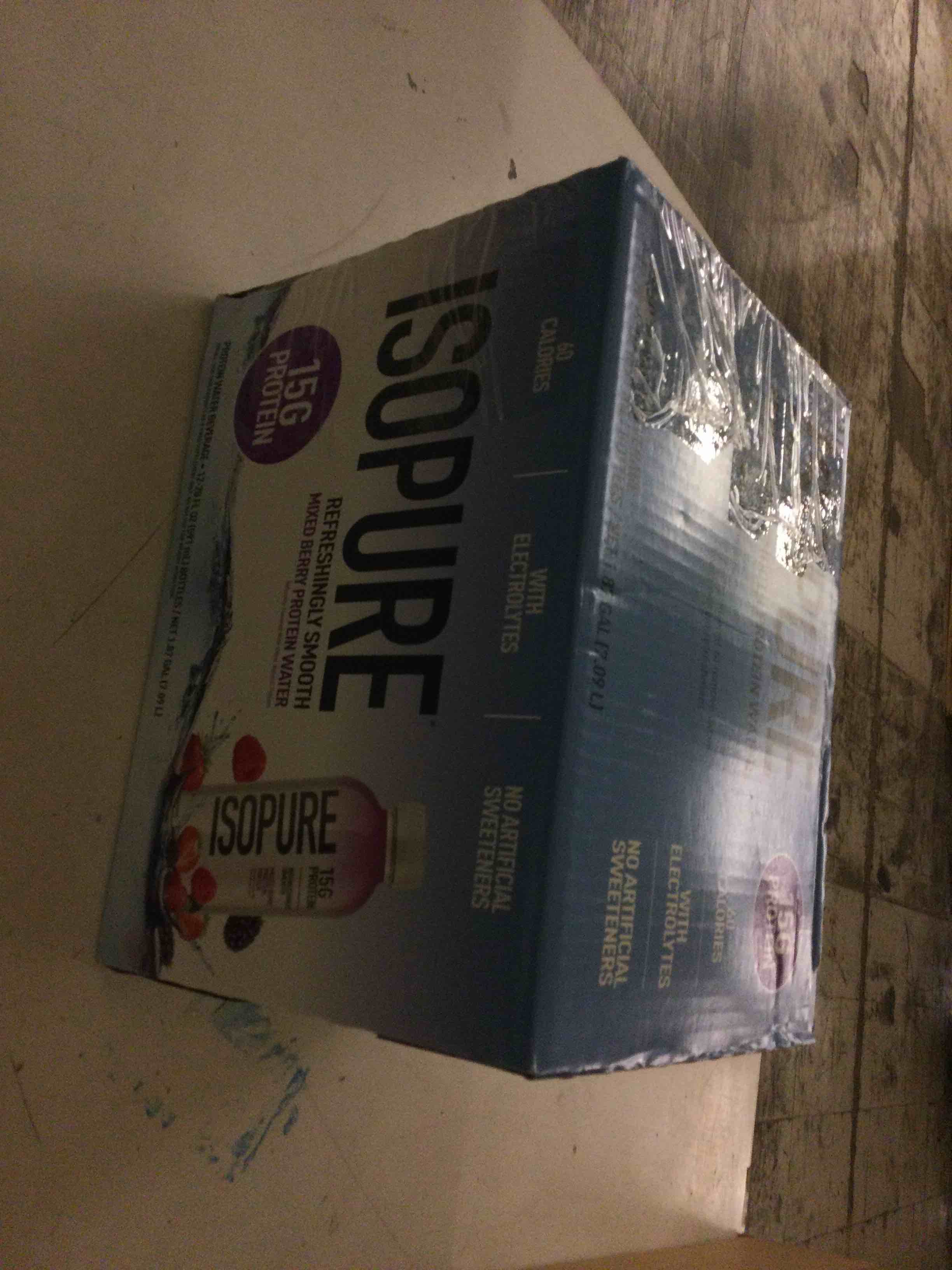 Condition photo showing New/Like New for isopure clear protein water with electrolytes, 15g whey protein isolate, zero sugar, mixed berry, 20 fl oz bottle, 1 count