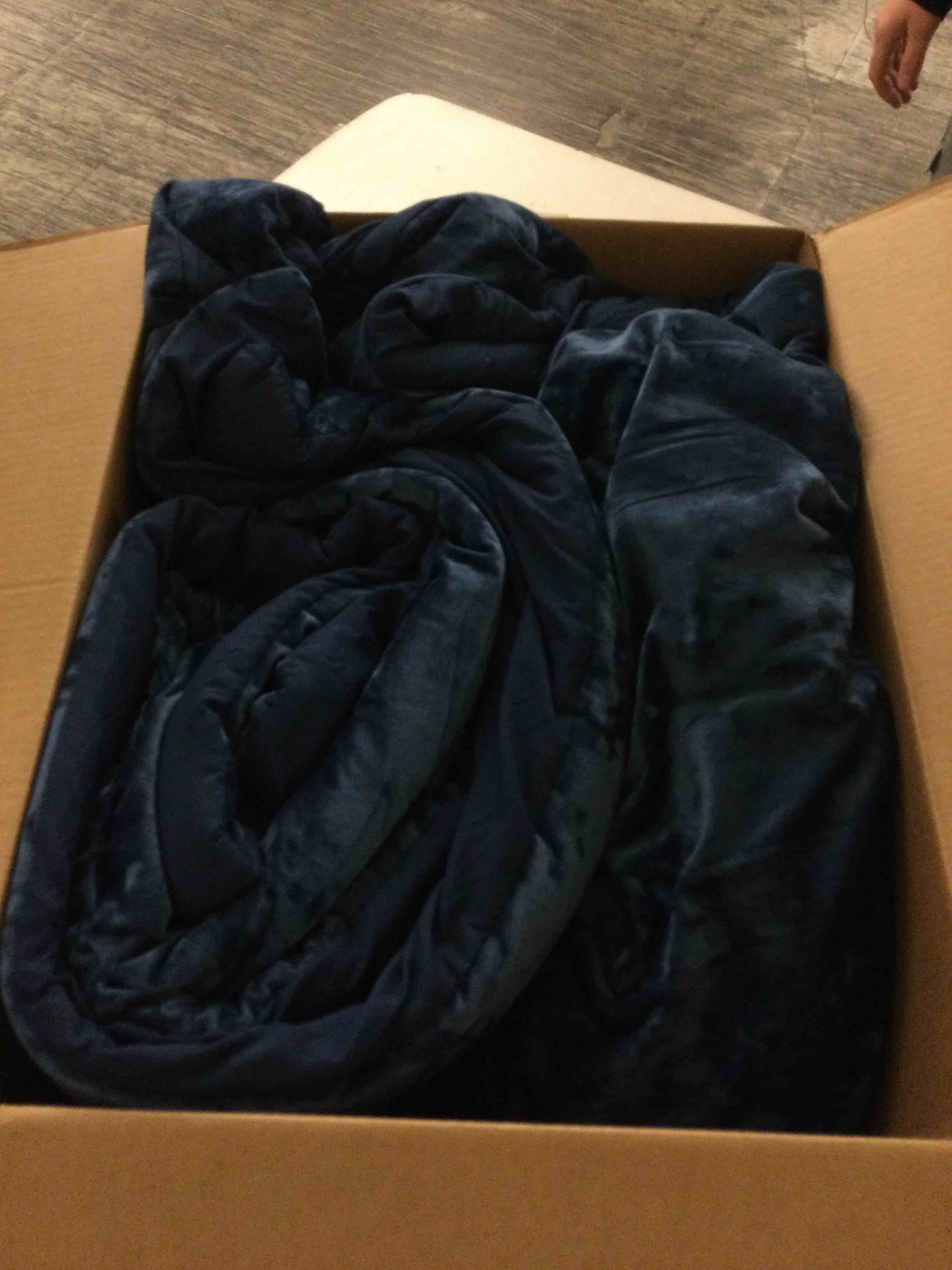 Condition photo showing As Is for sunshine nicole distressed velvet comforter set, distressed velvet face and brushed solid microfiber reverse, with light weight soft poly fill, 5 pieces navy, queen navy queen