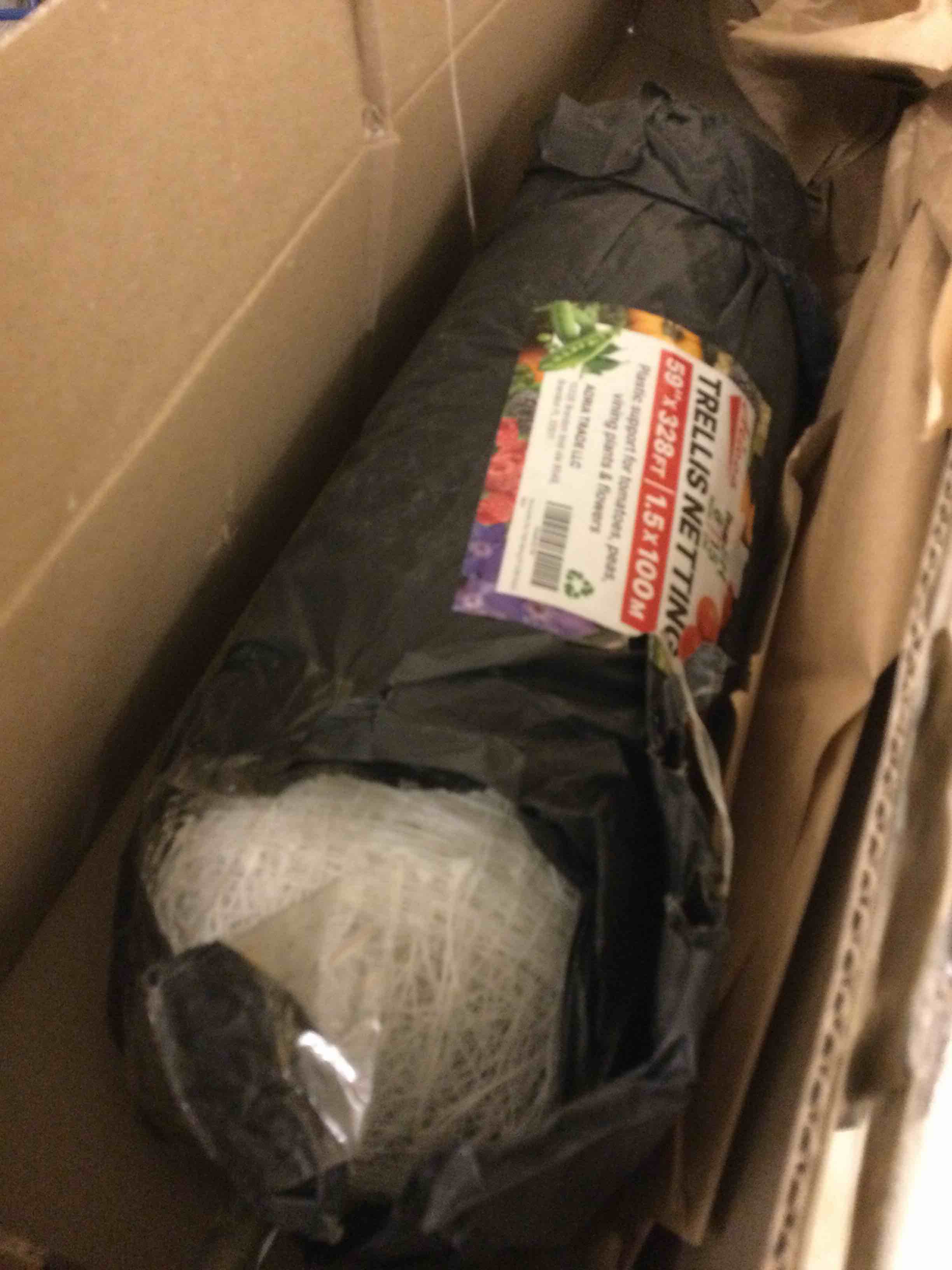 Condition photo showing As Is for aticca plastic trellis netting 59" x 328 ft heavy duty plant support netting white - 6 inch garden trellis on roll - mesh for growing vine climbing plants, flowers, peas, and cucumber 59''x328ft plastic trellis netting