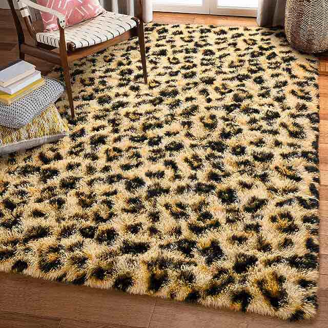 Amearea Fluffy Leopard Rug, Premium Cheetah Print Rugs, Soft Comfy Faux Fur Animal Print Carpet for Kids Room Bedroom, Living Room, Shaggy Teen Room Home Decor, Khaki 5x8 Feet