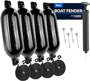 BTG GEAR Pair/Set of 2 (Two) Inflatable Boat Fenders/Bumpers in Black, 6.5" x 23", w/Free 6' Fender Lines & Pump