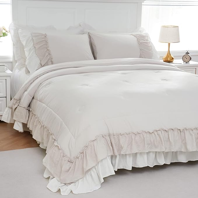 Boho Comfrter King Beige Comforter Set Shabby Chic 2 Layers Ruffles Home Decor Farmhouse Bedding Comforter White Cream Bed Comforter 1 Comforter 2 Pillowcases (Beige, King)