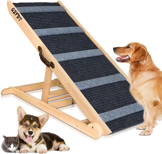 Adjustable Dog Ramp for Bed - Wooden Pet Ramp for Large & Small Dogs to Get on Bed, Rated for 250 LBS, Foldable & Sturdy Dog Steps for Large Dogs & Cats with Non Slip Carpet Surface for Car & Couch