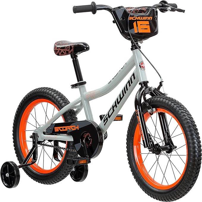 Schwinn Scorch BMX Style Kids Bike, For Boys and Girls Ages 3-7 Years, 16-Inch Wheels, Training Wheels Included, Cross Bar Pad and Number Plate, Rider Height 38 to 48 Inches, Grey