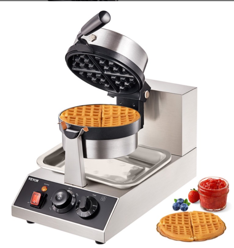 VEVOR Commerical Round Waffle Maker 1300W Rotatable Non-Stick Waffle Iron 120V