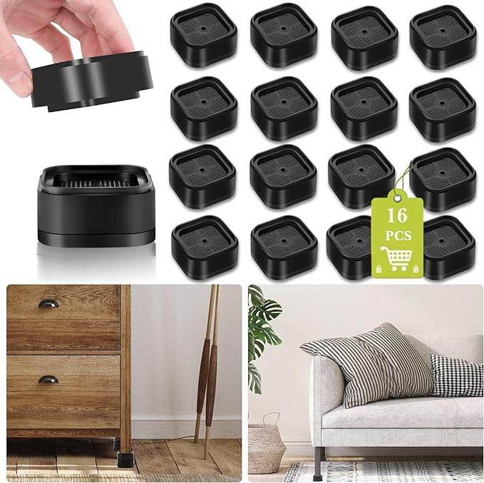 shouwuhho 16 Pack Furniture Risers Adjustable Bed Risers Heavy Duty Lifts Height 1", Square Stackable Bed Risers 1, 2 or 3 Inch for Desk Leg Table Couch Sofa Chair Bed Frame Legs Dorm, Black