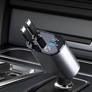 Retractable Car Charger, Fast USB Car Phone Charger 60W, Double TypeC Retractable Cables and 2 USB Ports Car Charger Adapter, Compatible with Galaxy S23+/S23/ S22/ iPhone 15/15 Pro Max/Google Pixel