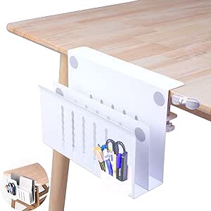 FEIKU Desk Side Storage Holder, Under Desk Laptop Mount With Magnetic Pen Holder,No Drill Under Desk Cable Management Tray,Steel Hanging Desk Storage for Office Organizer Home School White