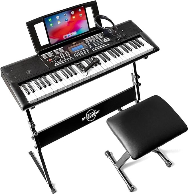 Starument 61 Key Premium Electric Keyboard Piano for Beginners with Stand, Built-in Dual Speakers, Microphone, Headphone, Bench & Display Panel