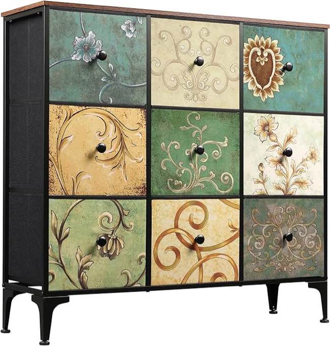 WLIVE 9 Drawer Dressers for Bedroom, Tall Dresser for Closet, Living Room, Hallway, Dressers Bedroom Furniture, Dresser Organizer, Storage Tower with Fabric Drawers, Metal Frame, Floral Painted