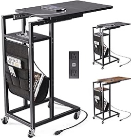 Colima C Shaped Slide Cover End Table with Charging Station, Narrow Sofa Side Table with USB Port and Wheels, Couch Table Snack Bedside Table with Storage Bags for Office Living Room Bedroom