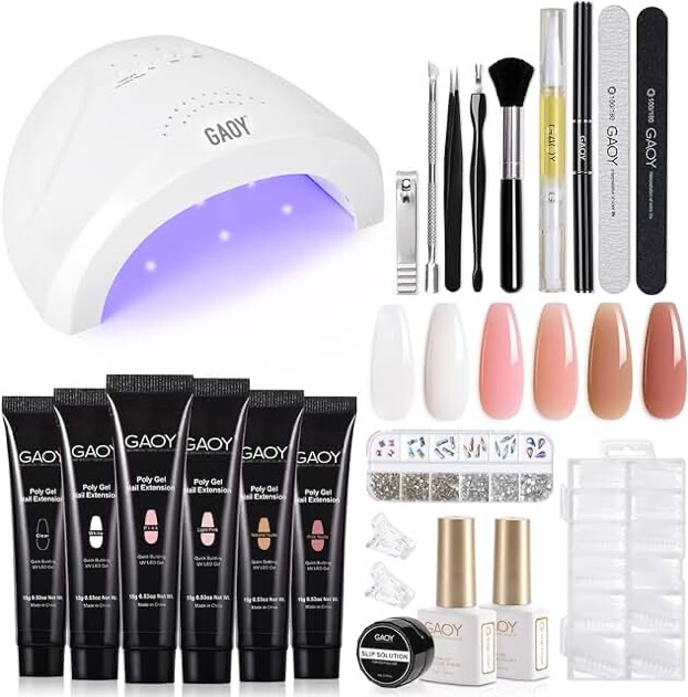 GAOY Poly Gel Nail Kit with Nail Lamp, 6 Pcs Builder Gel Nail Extension Kit with Nail Decorations for Nail Art DIY at Home