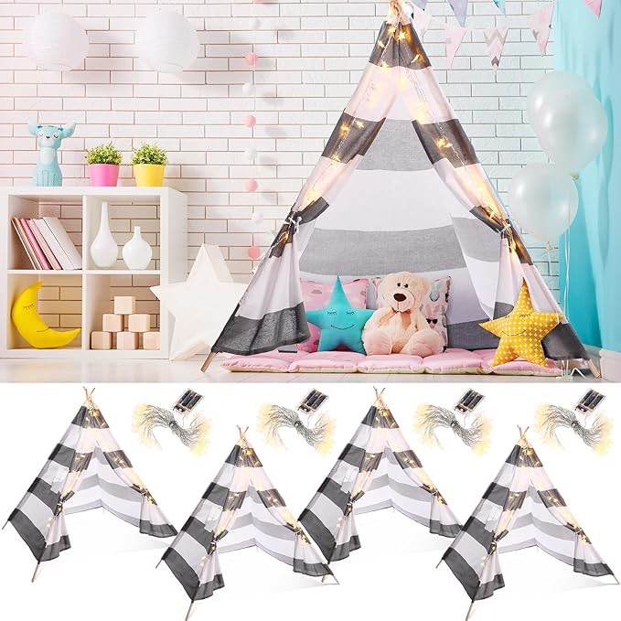 4 Set Kids Teepee Tent Foldable Play Tent Cotton Fabric Toddler Tent Birthday Gift for Indoor Outdoor Playhouse Girls Boys(Gray)