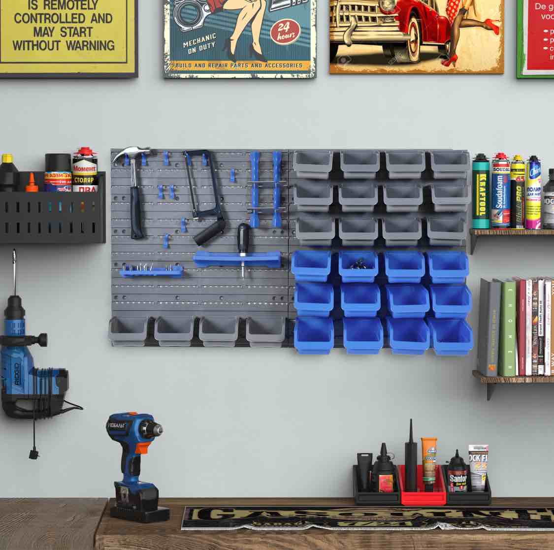 DURHAND 44 Piece Wall Mounted Pegboard Tool Organizer Rack Kit with Various Sized Storage Bins, Pegboard, & Hooks, Blue