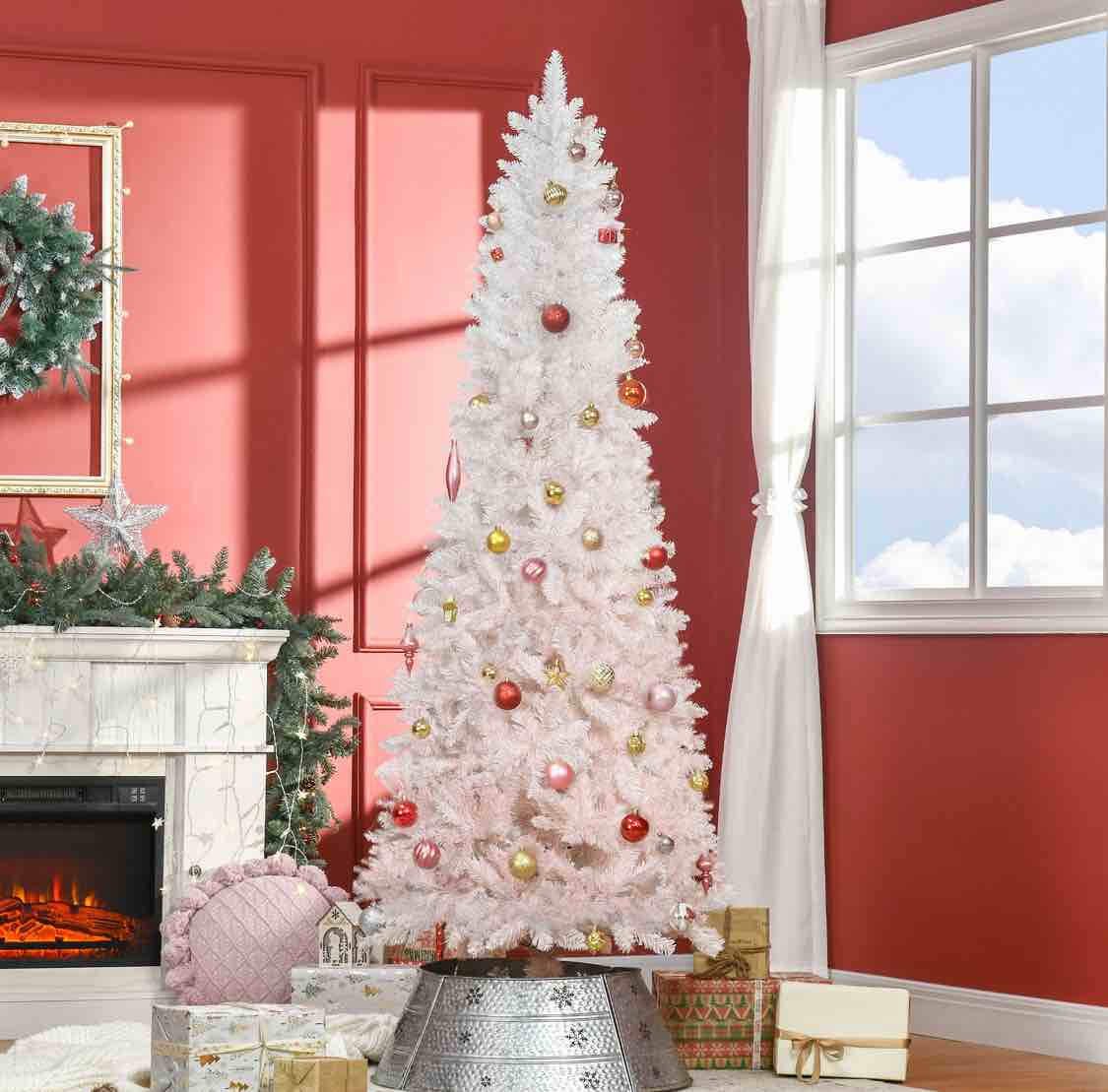 HOMCOM 7' Tall Unlit Pencil Fir Artificial Christmas Tree with Realistic Branches and Steel Base, Pink and White
