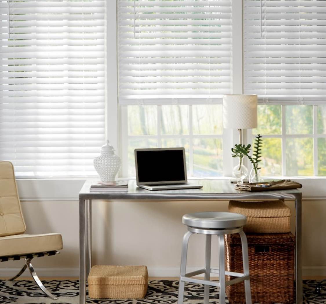 allen + roth Trim at Home 2-in Slat Width 23-in x 64-in Cordless White Faux Wood Room Darkening Horizontal Blinds