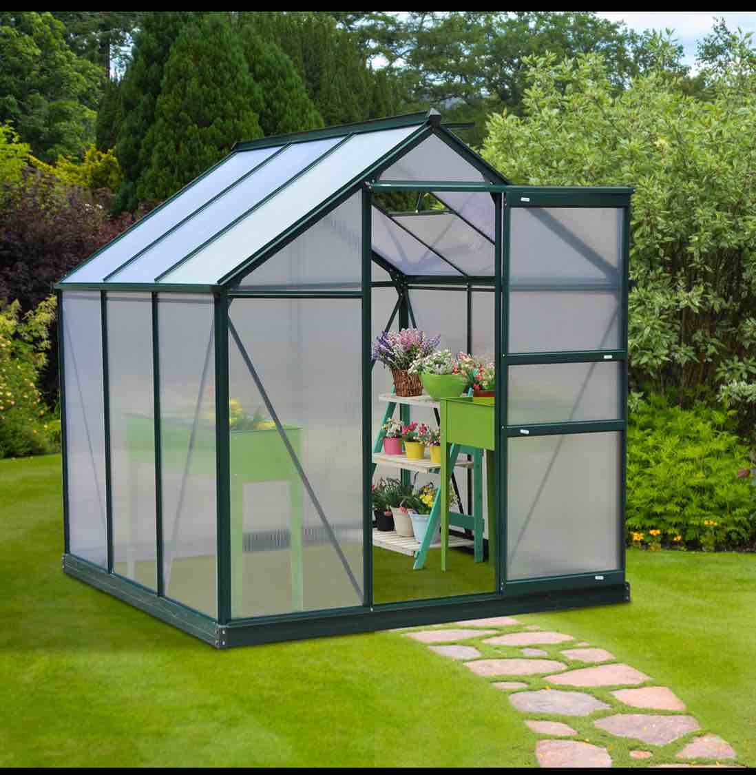 Outsunny 6' x 6' x 6.5' Polycarbonate Greenhouse, Heavy Duty Outdoor Aluminum Walk-in Green House Kit with Rain Gutter, Vent and Door for Backyard Garden, Dark Green box(2/2)only