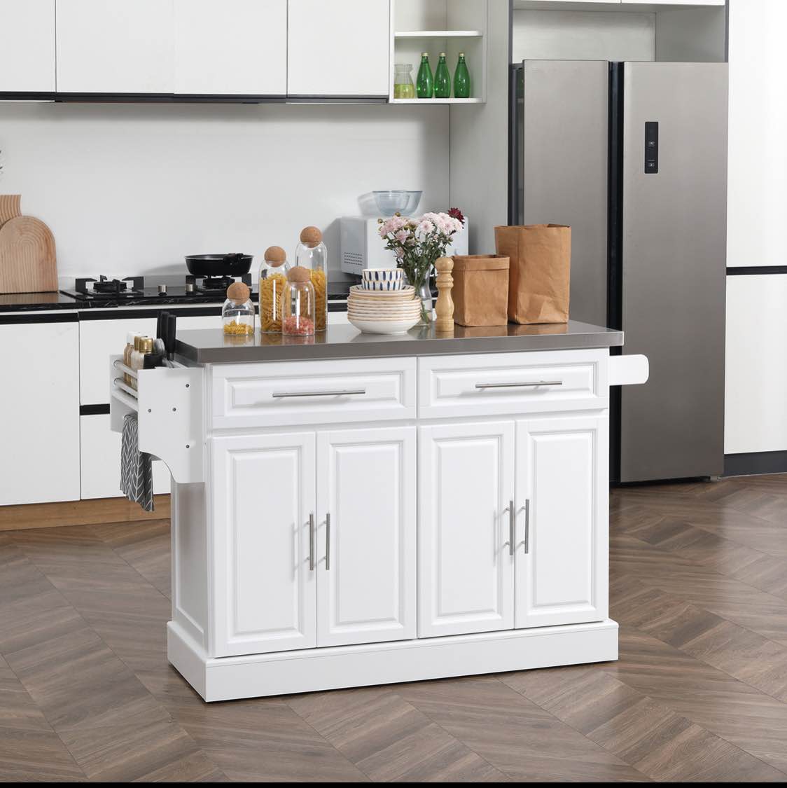 HOMCOM Rolling Kitchen Island with Storage, Portable Kitchen Cart with Stainless Steel Top, 2 Drawers, Spice, Knife and Towel Rack and Cabinets, White box (2/2) only 