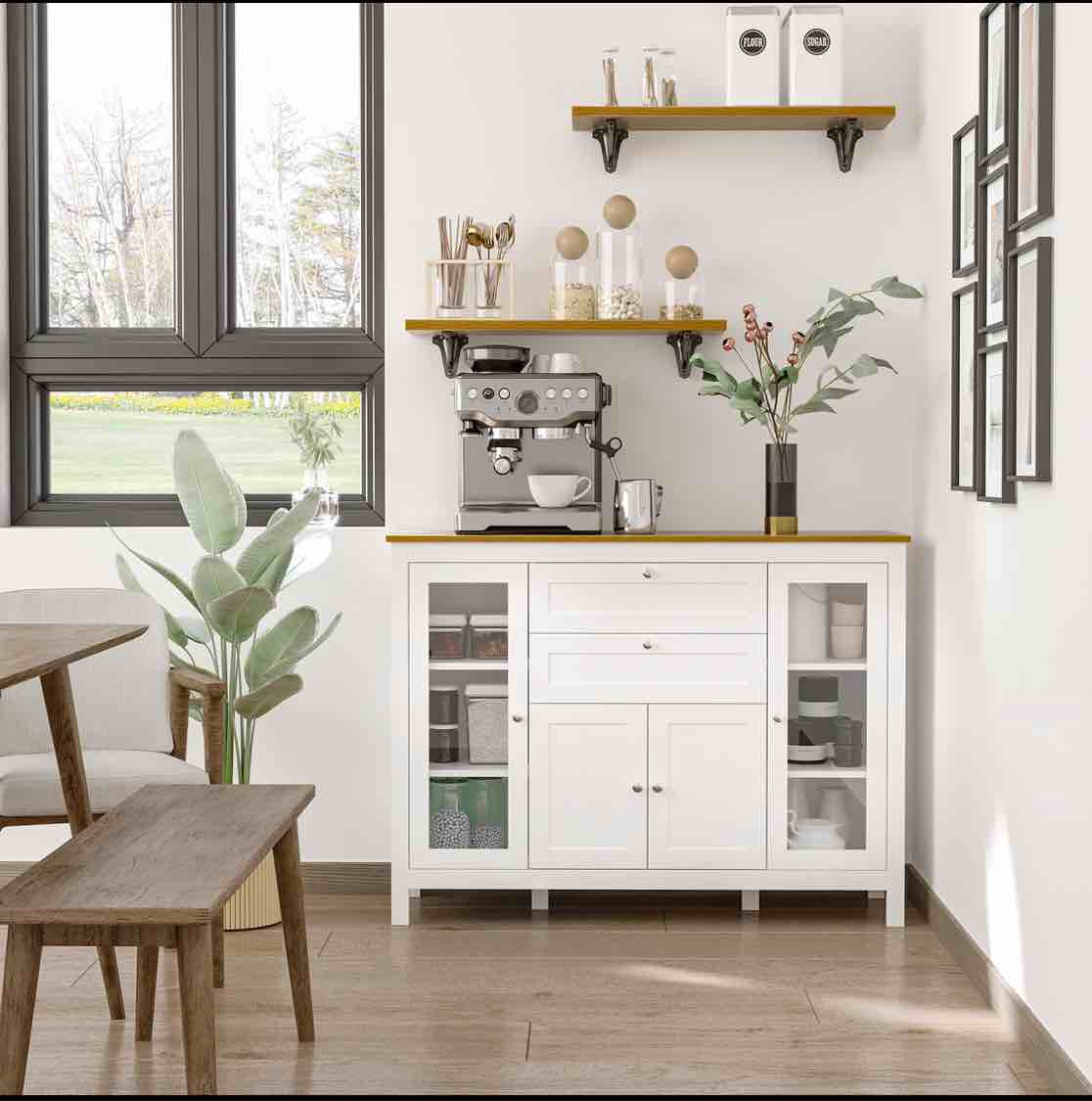 HOMCOM 47" Sideboard, Buffet Cabinet with Rubber Wood Top, Glass Door, Coffee Bar Cabinet, Kitchen Cabinet with Drawers, Adjustable Shelving for Living Room, White box (2/2) only 