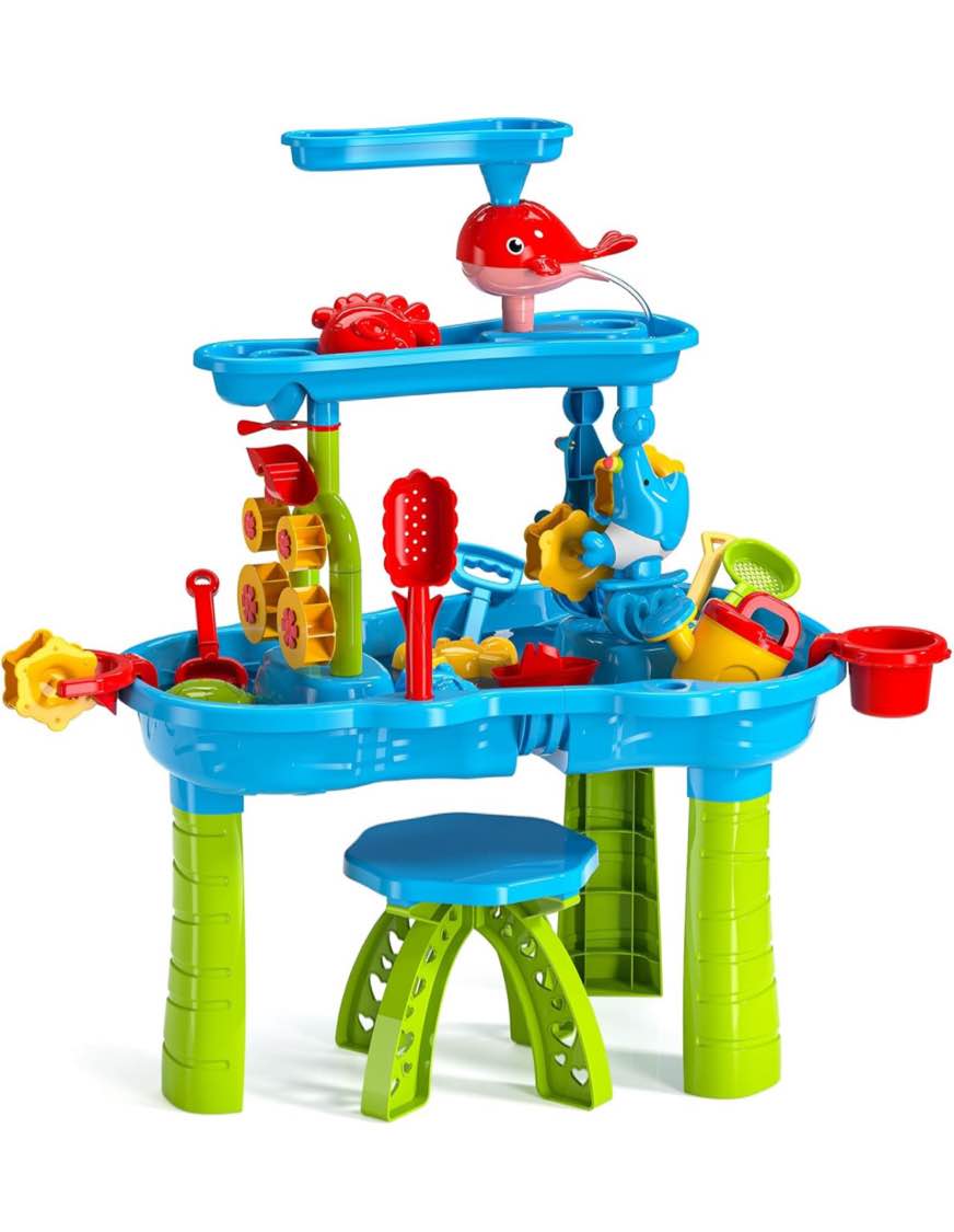 Hugut Sand Water Table for Toddler, 3-Tier Rain Showers Splash Pond Outdoor Toddler Activity Table, Kids Water Sensory Table 15 Pieces Accessories Water Toy Kits, Ages 3+ Years Old