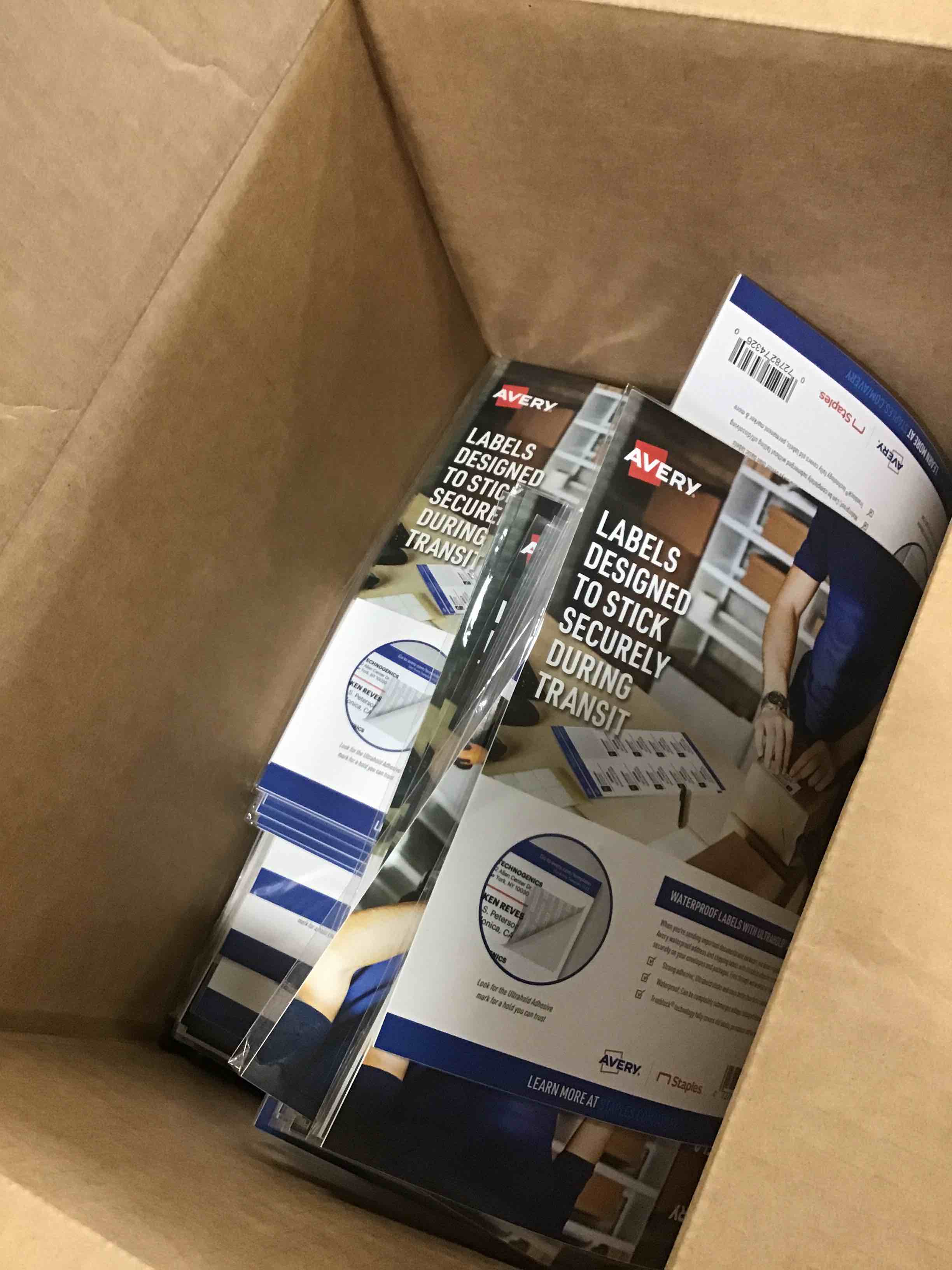 Case of Waterproof labels Avery labels disengage staples