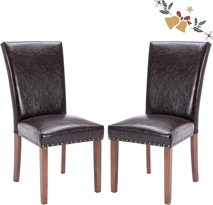 PU Leather Dining Chairs Set of 2 , Upholstered Parsons Dining Room Kitchen Side Chair with Nailhead Trim and Wood Legs - Dark Brown