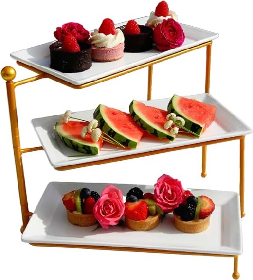 Stellar Styles 3-Tiered Food Tray/Riser - Gold Appetizer/Dessert/Fruit Catering Display - Elegant, Modern Cake/Cupcake Serving Stand - Large Porcelain Hosting/Entertaining/Party/Buffet Platter