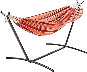 Amazon Basics Double Hammock with 9-Foot Space Saving Steel Stand and Carrying Case, Beige Stripe with Lace, 450 lb Capacity