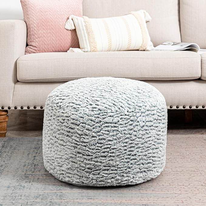 AbunHeri Stuffed Pouf Ottoman, Ottoman Pouf for Living Room Bedroom Floor Storage Pouf Footstools, Round Foot Rest Stool 20"x20"x12" with Filler (Grey White)