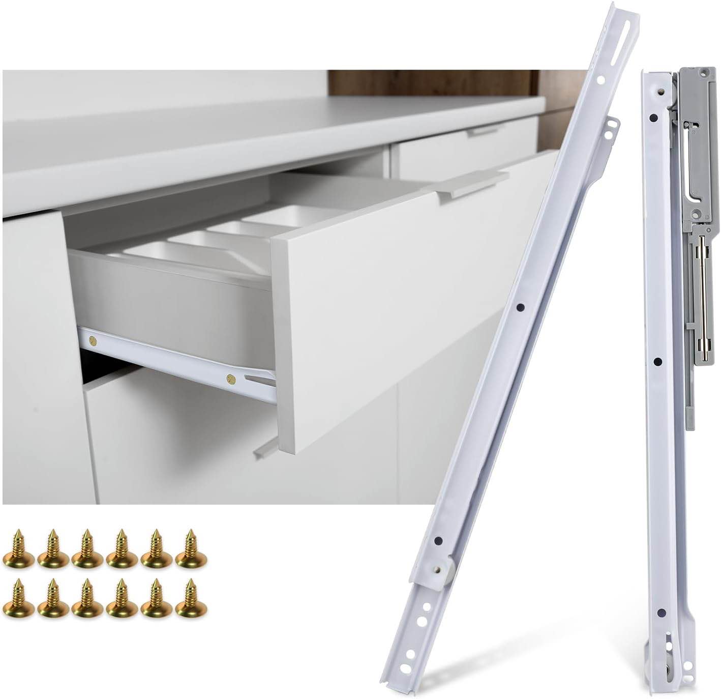 LONTAN Soft Close Drawer Slides 22 Inch Bottom Mount Drawer Slides-SLZR011WH22 Drawer Slides for Cabinet Hardware Dresser Drawer Slides Replacement Drawer Tracks and Rails Kit 3 Pair,55 LB Capacity