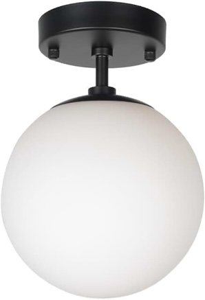 Baiwaiz Modern Globe Ceiling Lighting, Black Metal Mid Century Foyer Hallway Semi Flush Mount Light Fixture with Round White Glass Shade 1-Light E26 156
