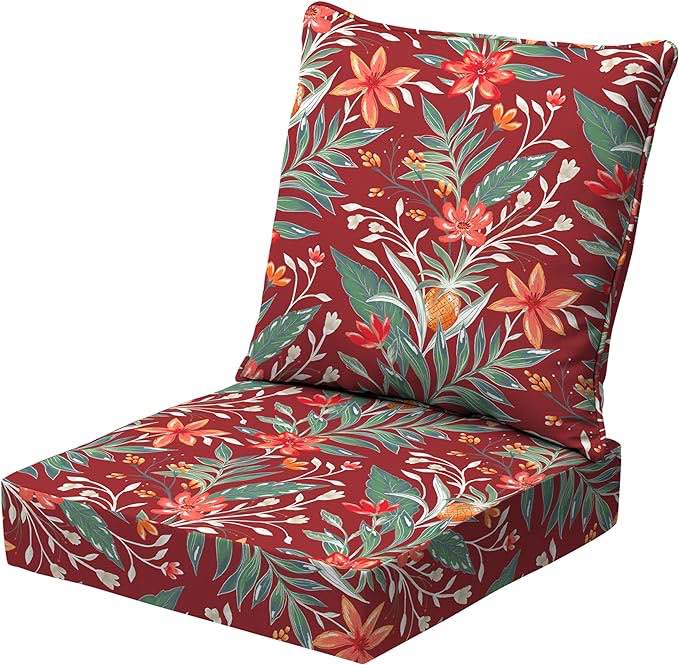Arden Selections earthFIBER Outdoor Deep Seat Cushion Set, 24 x 24, Water Repellent, Fade Resistant, Deep Seat Bottom and Back Cushion for Chair, Sofa 24 x 24, Luau Red Tropical Floral