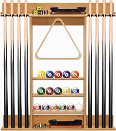 Purbambo Pool Cue Rack, Bamboo Pool Sticks Holder Wall Mount, Holds 8 Cues and Full Set of Balls, Pool Table Accessories Organizer for Billiard Room or Club (Cue Rack Only)