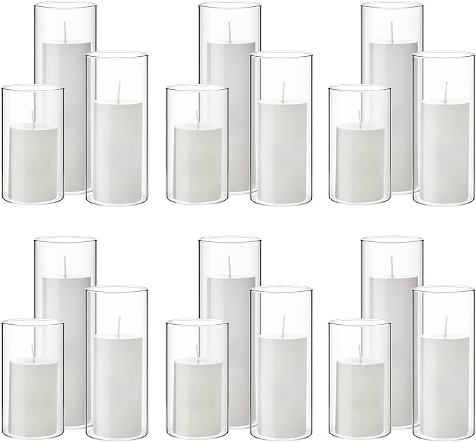 Set of 18 White Pillar Candles and 18 Glass Cylinder Vases Clear Cylinder Candle Holders for Slim Pillar Candles Wedding Centerpieces