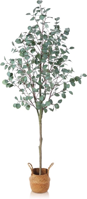 SOGUYI Artificial Eucalyptus Tree 6ft Tall Fake Silver Dollar Leaves Eucalyptus Plants Faux Silk Eucalyptus Stems, Come with Woven Seagrass Belly Basket Artificial Plant for Home Decor Indoor??î2 Pack