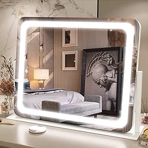 FENNIO Vanity Mirror with Lights 22"x19", LED Lighted Makeup Mirror, Large Makeup Mirror with Lights, Touch Screen with 3-Color Lighting, 5X Magnification, Dimmable, for Vanity Desk Tabletop, Bedroom